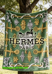 Luxury Hermès Green Vintage Lock Flannel Sofa Throw Blanket IMG_4940